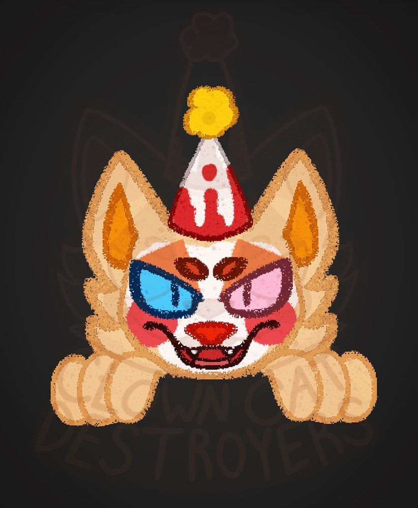 A cartoon orange cat with white, red, and peach face paint wearing a white and red party hat with yellow pompom at the tip. The cat also has blue and pink eyes and a red nose. Their fingers peaking from an invisible ledge.