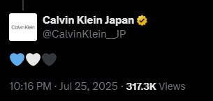 Calvin Klein Japan tweet with three hearts: blue, white, and black