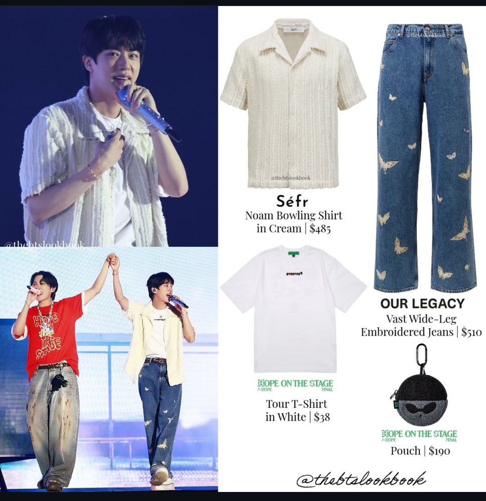 Seokjin and Hobi on the bottom left. Seokjin on the upper left. On the right, it shows Seokjin’s outfit breakdown. 