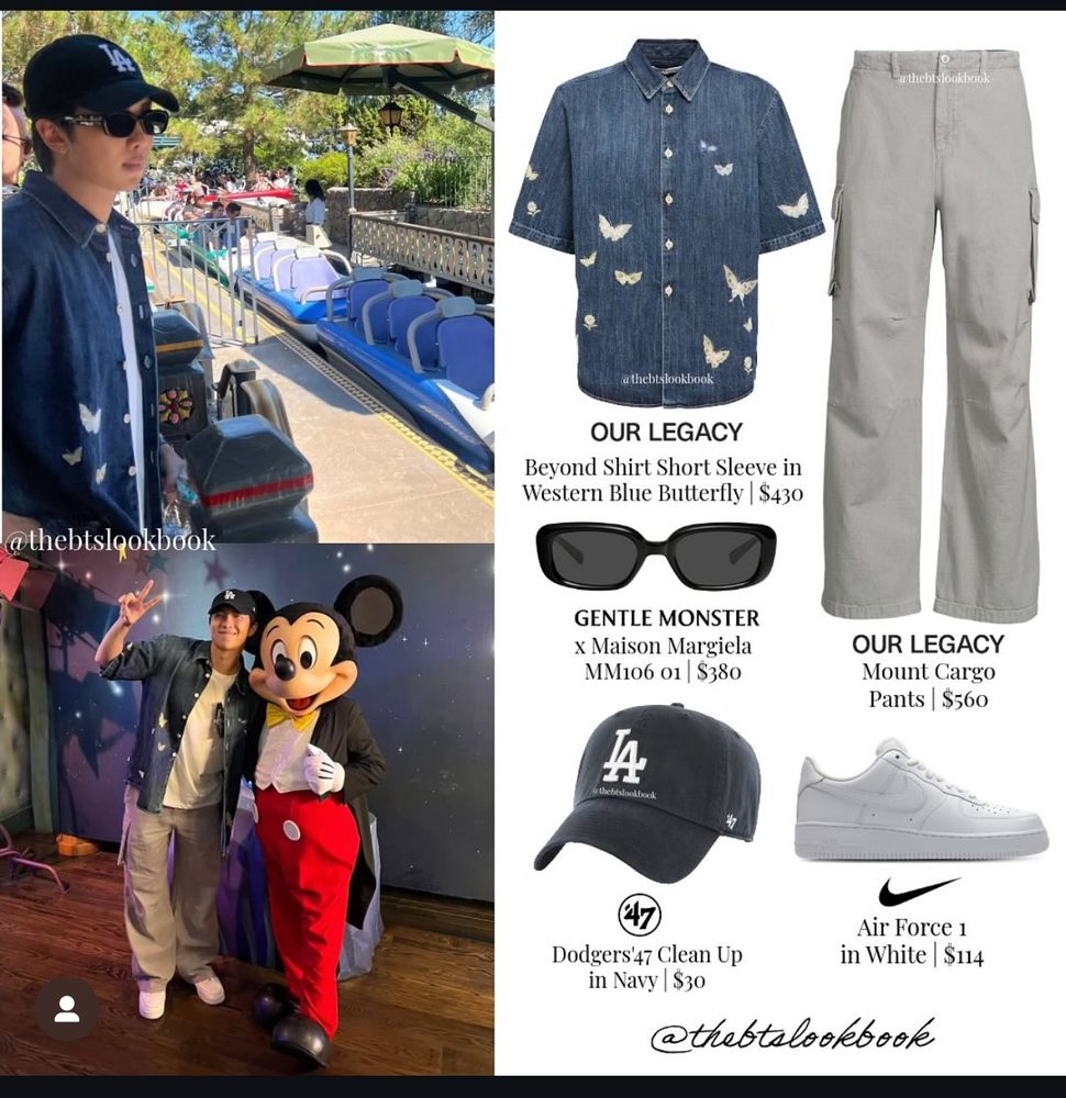Namjoon and Mickey on the bottom left. Namjoon on the upper left. On the right, it shows Namjoon’s outfit breakdown. 