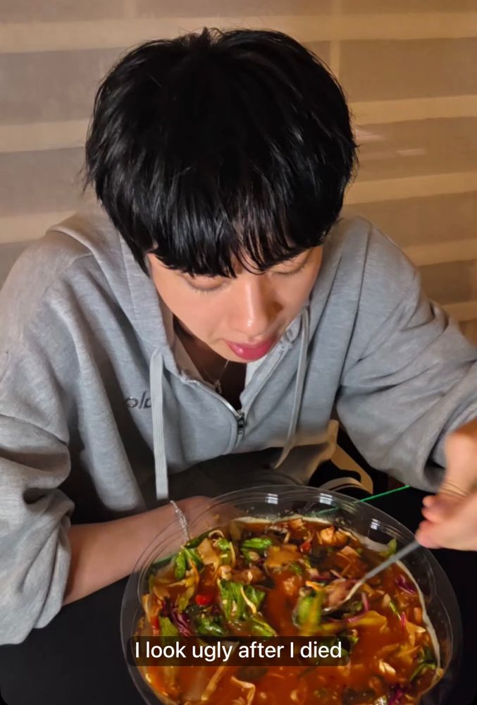 Seokjin eating cold raw fish soup