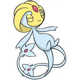 Uxie, a pokemon who looks like a gray fairy creature with two tails, a yellow helmet-like crest, a red gem on its forehead, and shut eyes.