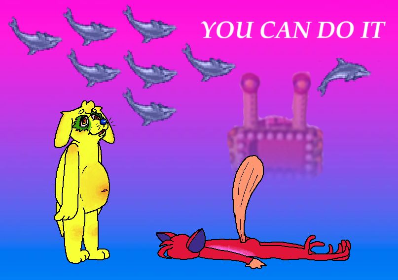 Contains Roly Polys characters Pon [left, standing] and Cho [right, facedown]. Background contains 7 upside down Ecco the Dolphin sprites on the left, with one flipped upright (on the right). A faded image of Mr. Okhotsk can be seen between the dolphins.