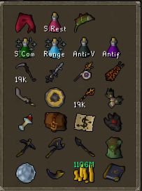 my old school runescape backpack containing the following items:
- corrupted shark
- super restore
- drygore blowpipe
- divine super combat potion
- divine ranging potion
- anti-venom
- antifire potion
- scythe of vitur
- the dogsword
- sunlight spear
- inferno cape
- thunder khopesh
- thousand-dragon ward
- tumeken's shadow
- gloves of the damned
- fairy mushroom
- banker's briefcase
- banker's note
- ancient blood ornament kit
- echo pickaxe
- echo axe
- echo harpoon
- forager's pouch
- crystal of echoes
- guardian horn
- a stack of 1106million coins
- arcane grimoire