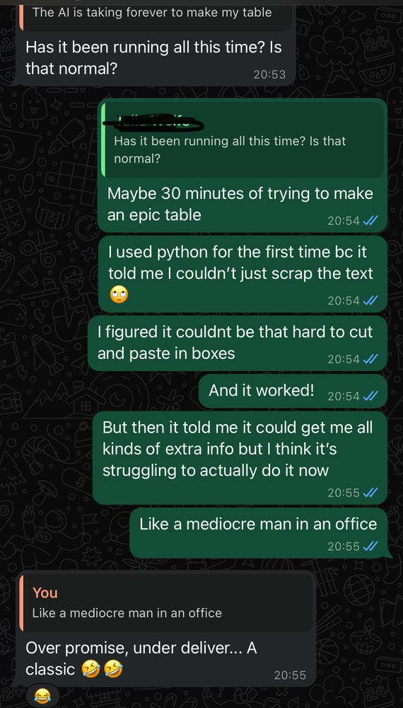 Text message screenshot of two women talking about ChatGPT failing to perform a task it suggested. 