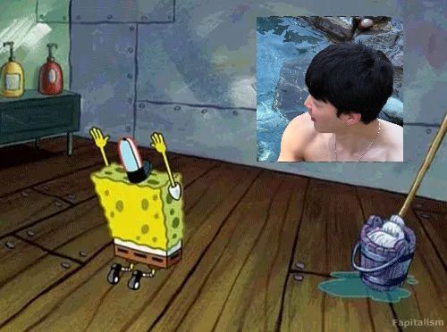 spongebob meme of him on his knees worshipping a photo on the walk of the krusty krabs. pic of jimin at the hot springs is what he’s worshipping.
