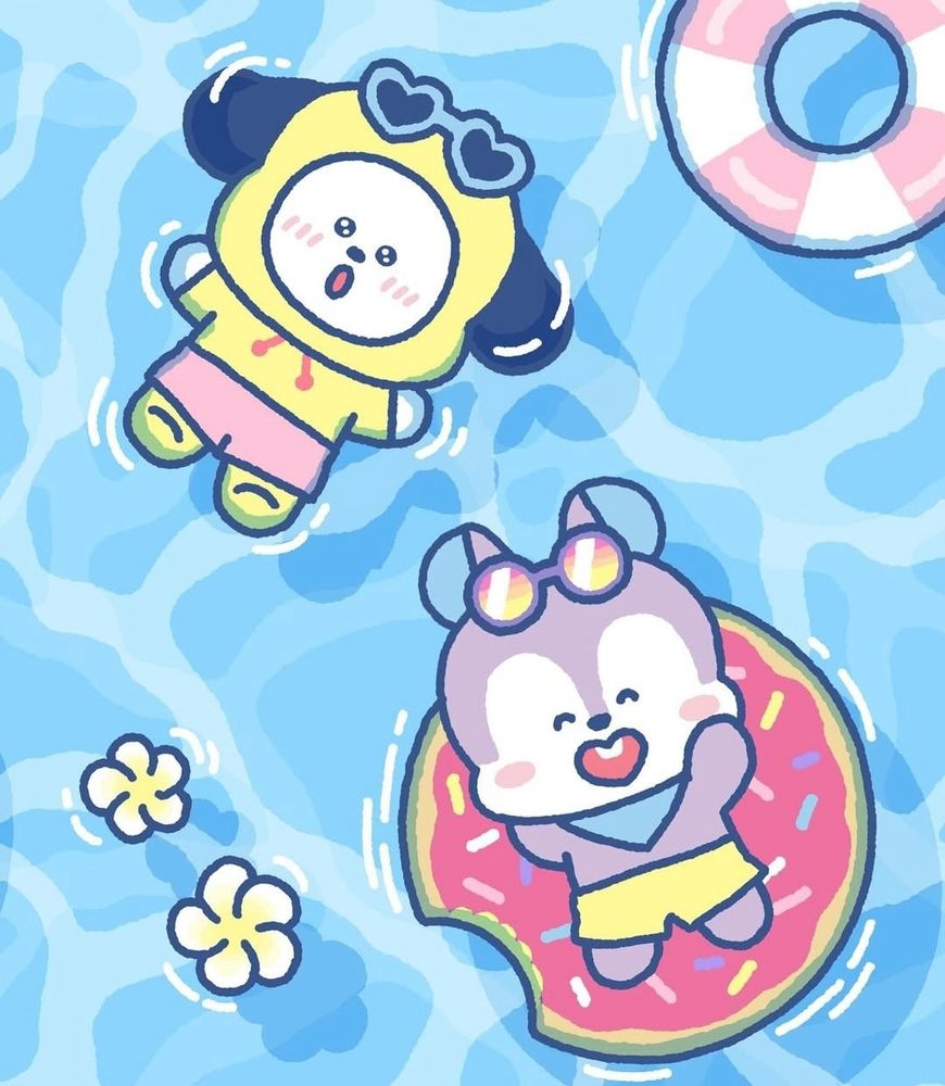 chimmy and mang hanging out in the pool. mang is on a donut floaty and chimmy is floating. 