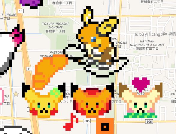 Pixel art done in Wplace with 4 chus: An Alolan Raichu (I DID NOT DRAW THAT BTW) Coeur, PikaBoi, and Nenow!! Each acompanied by a Crossaint, Music note, and heart respectivley! 