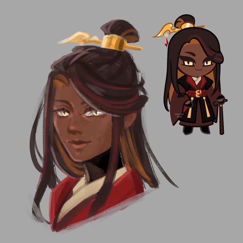 Bust sketch-like illustration of Ristretto Cookie in his human form, accompanied by his cookie form at the top right. He is looking at the viewer from a 3/4 angle with a smile.