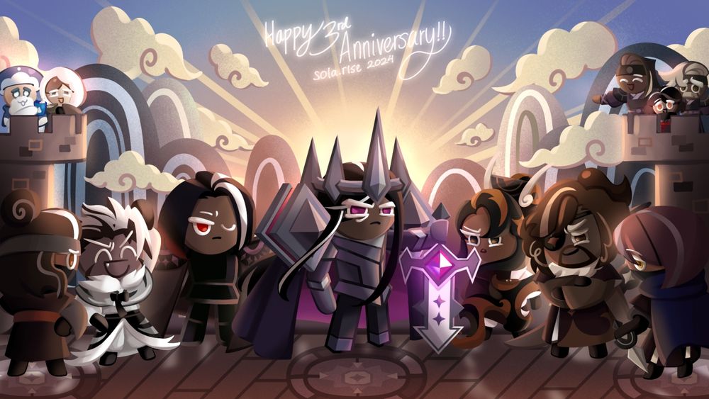 This is an artwork featuring the characters of Dark Cacao Kingdom made by me (Sola) that won third place in the Cookie Run: Kingdom 3rd Anniversary fanart contest in early 2024.

The characters are standing on the top of a wall with two towers to the left and right of the artwork. The background has stylized scenery of mountains and clouds with sunrise peeking through the mountains. The writing on the top reads "Happy 3rd Anniversary!!".

Characters on top left to top right: Old Milk Villager toasting with Snowfall Villager, Swift and Cautious Dark Cacao Warriors with a young Cookie.

Characters on bottom left to bottom right: Sugary Dark Cacao Watcher, Crunchy Chip, Dark Choco, Dark Cacao, Caramel Arrow, Second Watcher, and Bittersweet Dark Cacao Watcher.