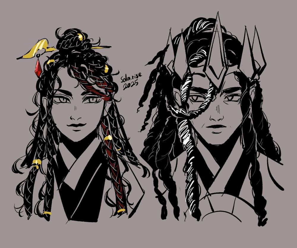 Doodles of Ristretto and Dark Cacao as humans with black hairstyles. Ristretto's hairstyle is a mix of long braids and wavy hair with a top knot and adorned with gold hairpin and beads. Dark Cacao's hairstyle is a long locs with half updo.