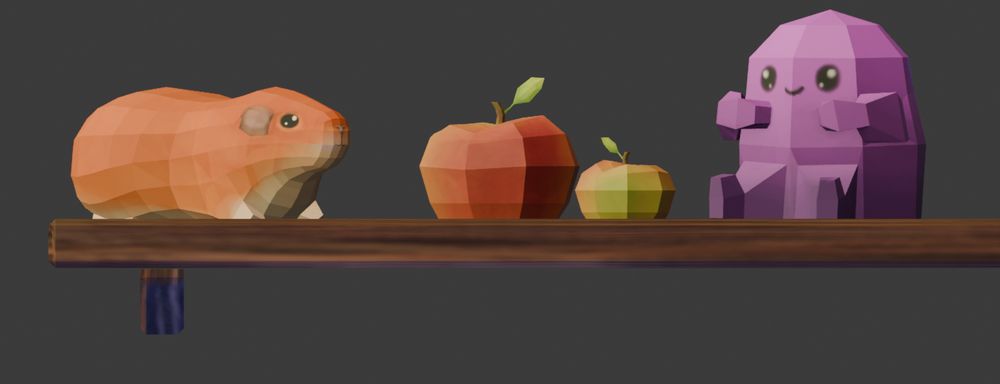 3d low poly scene of a guinea pig, two apples and a purple gum drop shape little guy on a shelf modelled in blender.