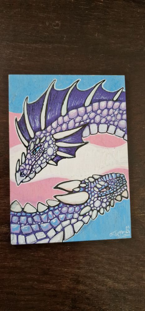 Trans flag with two purple dragons over it, one slightly more pink with frills, the other chunky horned and slightly more blue