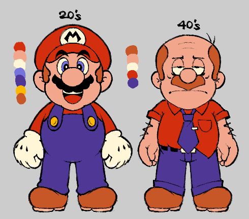 An image showing two drawings of Mario/Marvin: one from his 20s and one from his 40s, highlighting how he's changed over the years