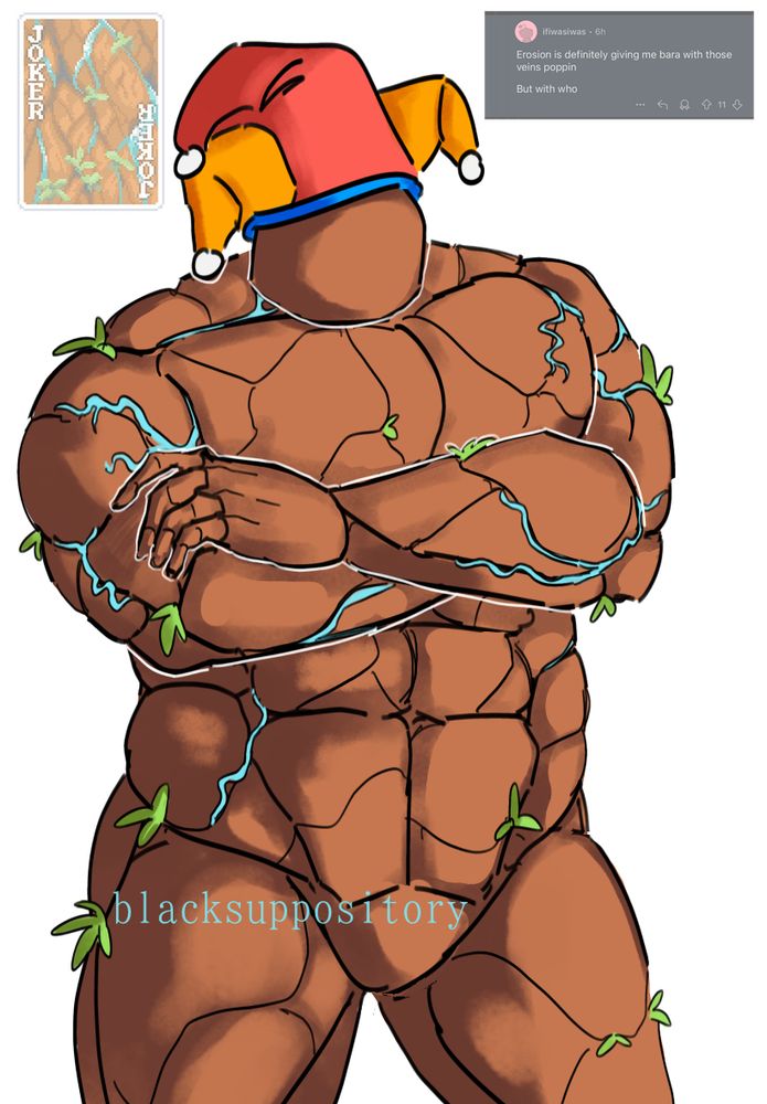 A humanized (anthropomorphized?) version of the "Erosion" joker from Balatro, crossing his arms