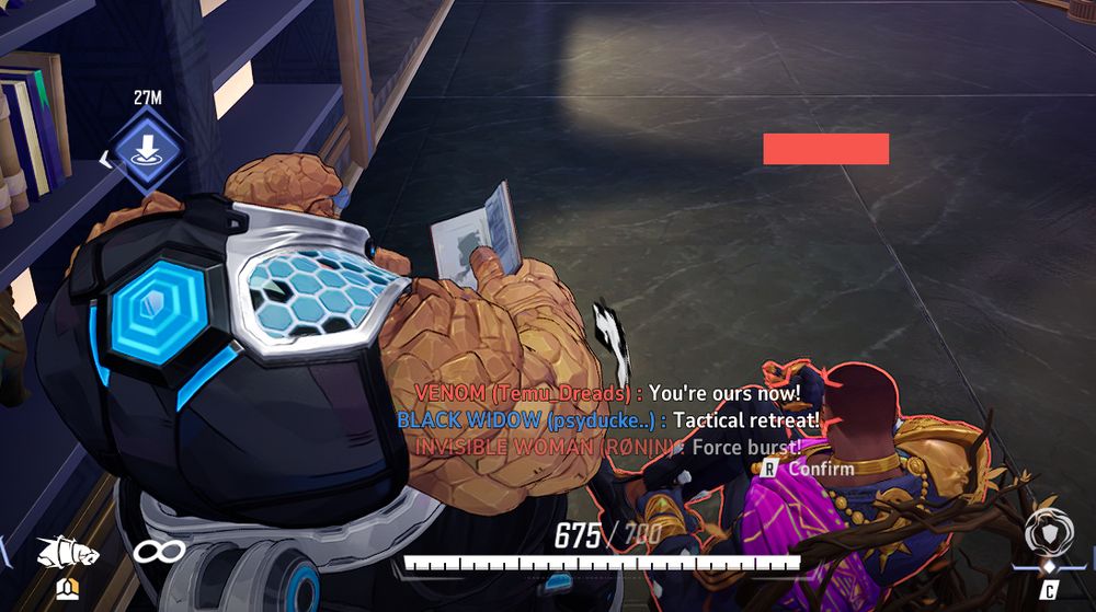 A screenshot from the game Marvel Rivals where The Thing (left) is reading a book with Black Panther (right) joining him.