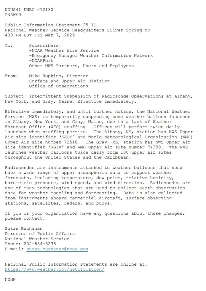 A public information statement from the National Weather Service announces the temporary suspension of radiosonde observations (weather balloon launches) in Albany, New York, and Gray, Maine, due to staffing shortages. The document outlines details about the suspension and provides contact information.