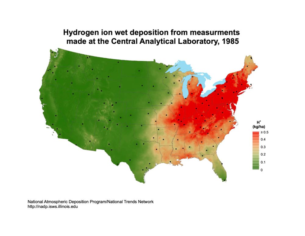 Map of the United States displaying hydrogen ion wet deposition levels from measurements taken in 1985 by the Central Analytical Laboratory. The map uses a color gradient from green (low deposition) to red (high deposition) to show varying levels of H+ deposition (kg/ha). The highest deposition levels are concentrated in the northeastern U.S., while the western U.S. has the lowest levels. Black dots indicate measurement locations. The map is sourced from the National Atmospheric Deposition Program/National Trends Network
