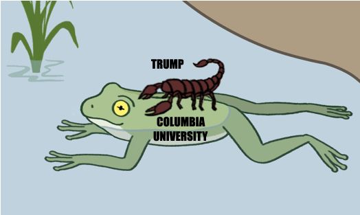 A scorpion labeled Trump on the back of a frog labeled Columbia University, from the story in Lev Nitoburg's 1933 novel The German Quarter.