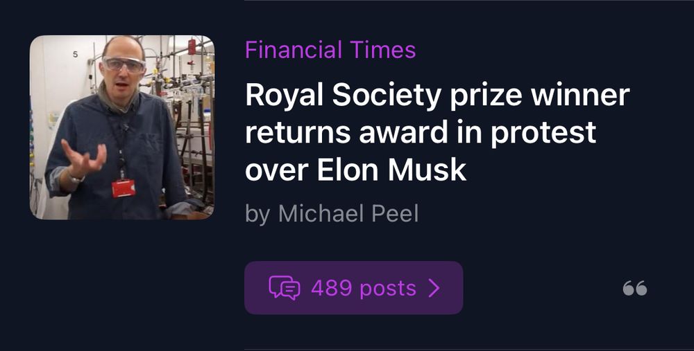 Image features a person in a laboratory setting wearing safety goggles and gesturing while discussing science. The headline mentions a Royal Society prize winner returning an award in protest over Elon Musk, attributed to Michael Peel, with 489 posts.