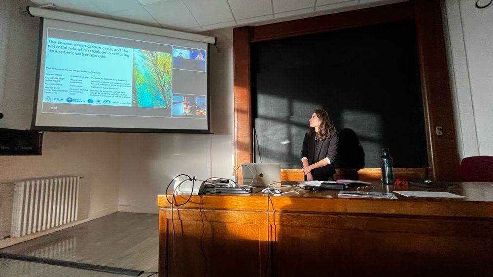 A woman stands in front of a classroom. On the screen is a presentation called:

 coastal ocean carbon cycle, and the potential role of macroalgae in removing atmospheric carbon dioxide

PhD Defense of Manon Berger in front of the jury.

Sabrina SPENCH, Présidente du jury, Professor at École Normale Supéneure

Laure RESPLANDY, Rappartrice, Associate professor at Princeton University

Judith Hauck, Rapportrice, Research scientist at Alfred Wagner Insbtute

Paul HALLORAN, Drominateur, Professor at Exter University

Laurent BOPP, Directeur de thèse,  Directeur de recherche au CNRS, LMD

Lester Kwiatkowski, Co encadrant
Chargé de recherche au CNRS, LOCEAN

David T. HO, Invité, Professor at University of Hawail at Manoa