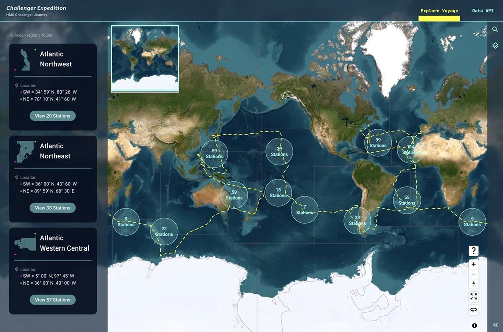 A map displaying various ocean regions related to the Challenger Expedition, with marked locations for stations across the Atlantic and Pacific Oceans. Each region is labeled, noting the number of stations available for exploration. An inset map highlights a specific area in the North Atlantic.