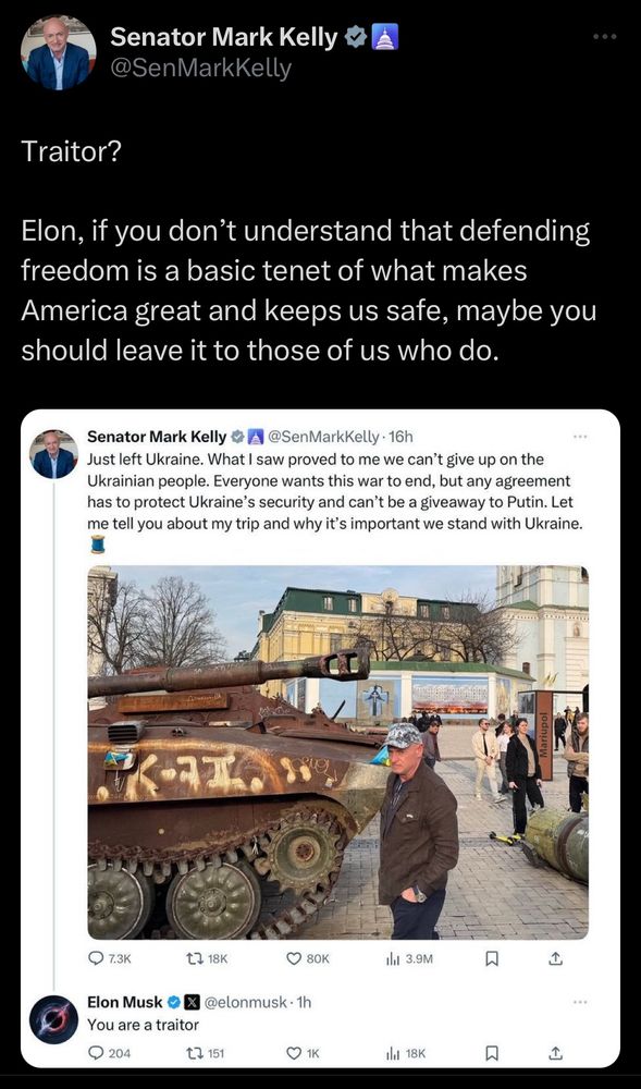 A Twitter exchange between Senator Mark Kelly and Elon Musk regarding support for Ukraine. The image includes a tweet from Kelly about his recent trip to Ukraine and his stance on the war, along with Musk's reply calling him a traitor.