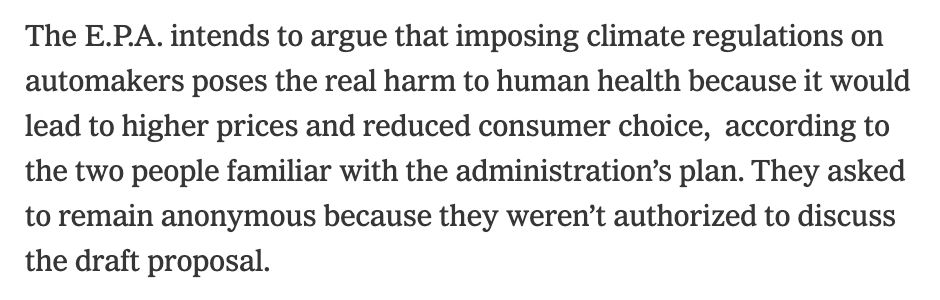 The E.P.A. intends to argue that imposing climate regulations on automakers poses the real harm to human health because it would lead to higher prices and reduced consumer choice,  according to the two people familiar with the administration’s plan. They asked to remain anonymous because they weren’t authorized to discuss the draft proposal.