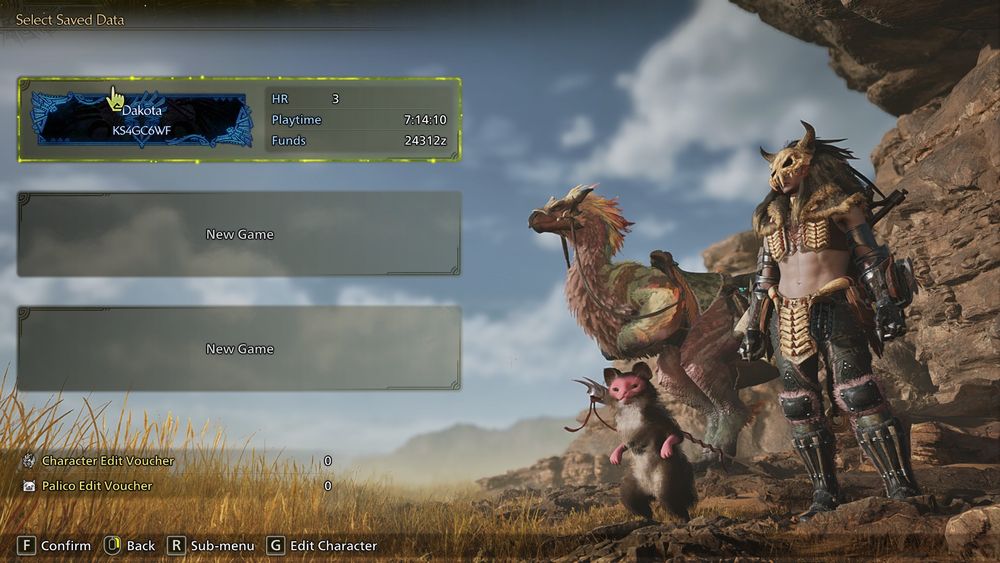 A screenshot of the save data screen from Monster Hunter Wilds. The displayed friend code is KS4GC6WF