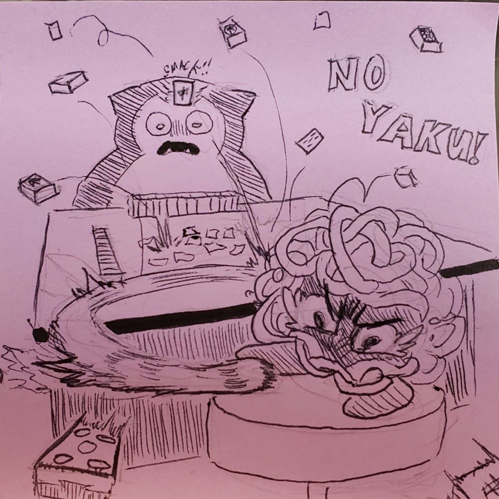 A sticky note doodle of a Tangela and a Snorlax playing riichi Mahjong; the Tangela is swiping all its tiles off the table, hitting the Snorlax square in the head with a Red Dragon tile, with the caption "no yaku!"