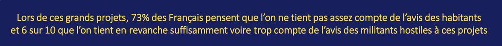 Capture d'écran de la question "Lors de ces grands projets, 73% des Français pensent que l'on ne tient pas assez compte de l'avis des habitants et 6 sur 10 que 'on tient en revanche suffisamment voire trop compte de l'avis des militants hostiles à ces projets"