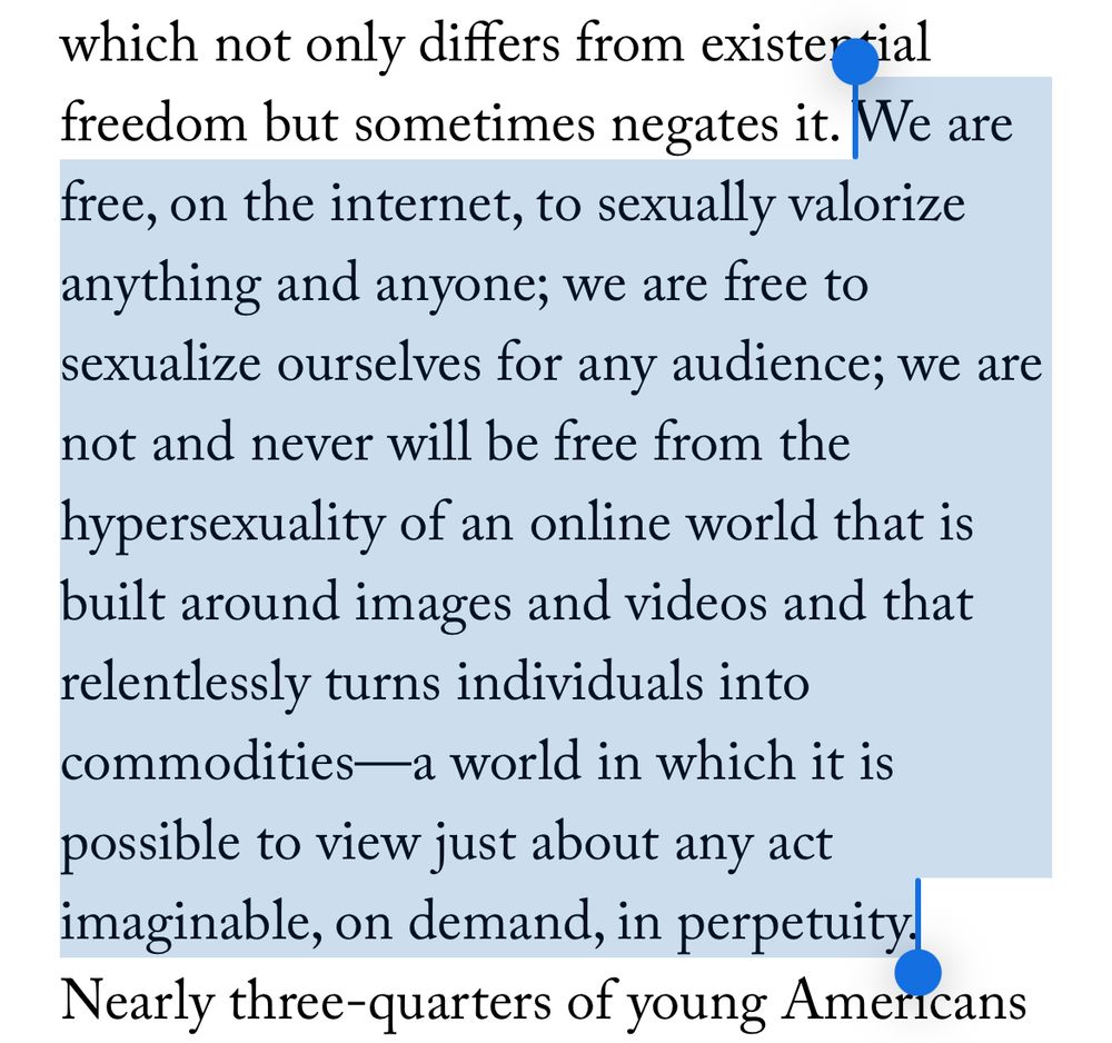 “We are free, on the internet, to sexually valorize anything and anyone; we are free to sexualize ourselves for any audience; we are not and never will be free from the hypersexuality of an online world that is built around images and videos and that relentlessly turns individuals into commodities.”