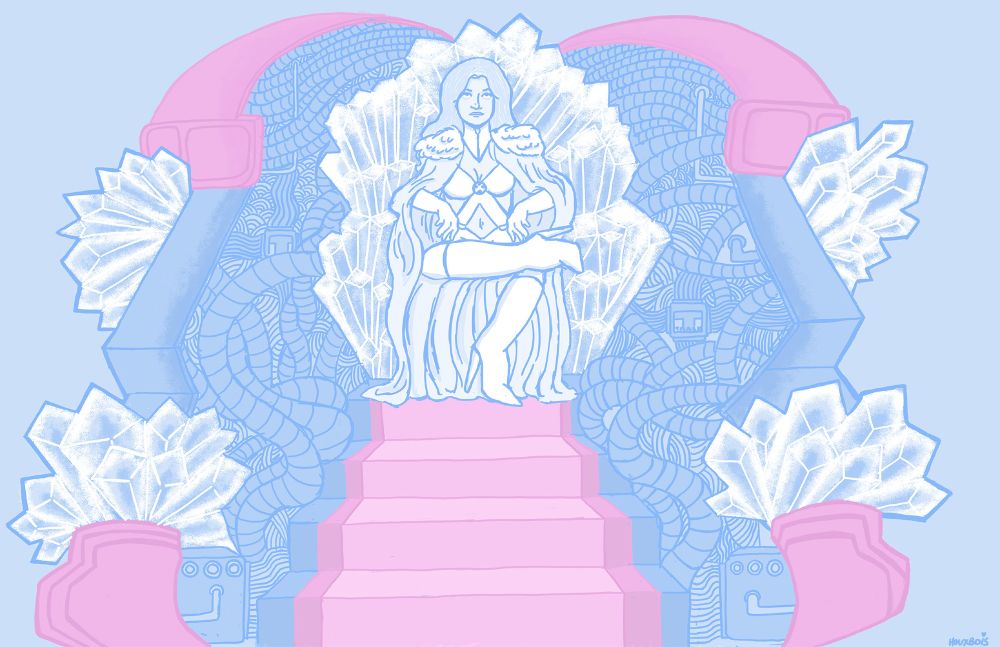 emma frost on a crystal throne flanked by a bisected sentinel head