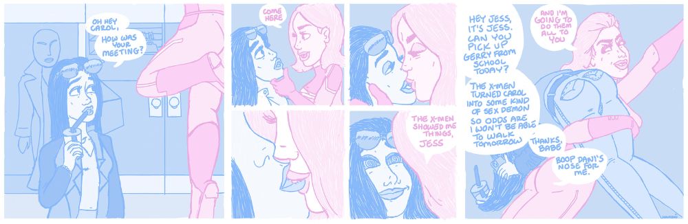 a three panel comic strip depicting carol danvers seducing jessica drew