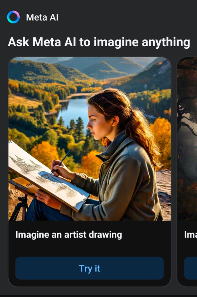 Screen cap of Facebook Meta AI saying "ask Meta AI to imagine anything" and the prompt is "imagine an artist drawing" shows an image of a female artist in a river valley physically drawing a landscape.