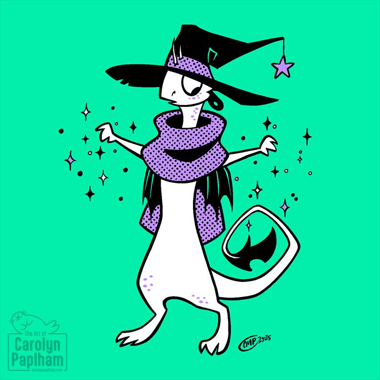 A drawing of a small dragon wearing a wizard hat and a scarf, with magic sparkles coming from its tiny claws. The dragon is inked in black and white with some black screen tone and solid purple accents. The background is a bright aqua green.
