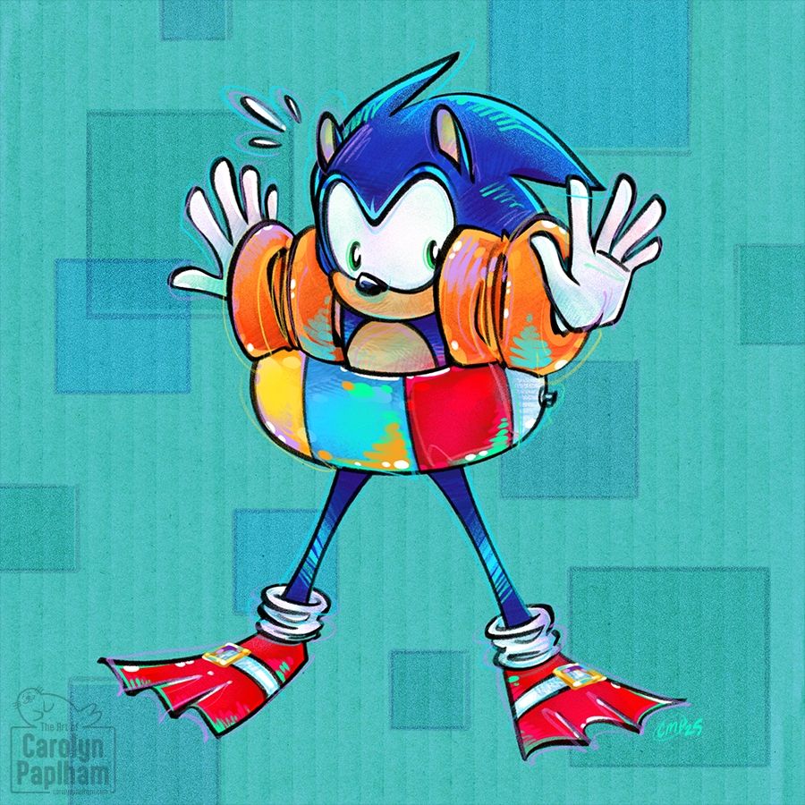 A drawing of Sonic the Hedgehog, wearing pool floaties on his arms and an inner tube around his waist, with flippers that share a color scheme with his normal shoes. He has a worried expression on his face—what has he gotten himself into now?