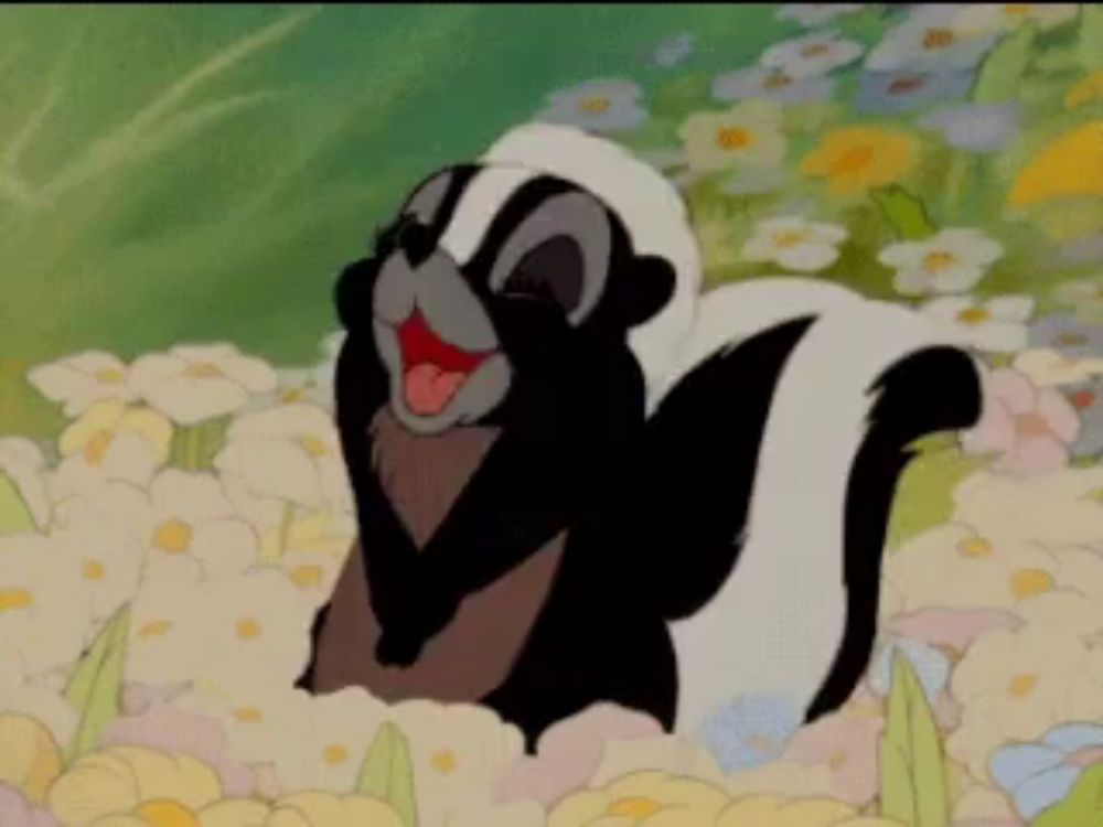 a black and white cartoon skunk is laughing in a field of flowers