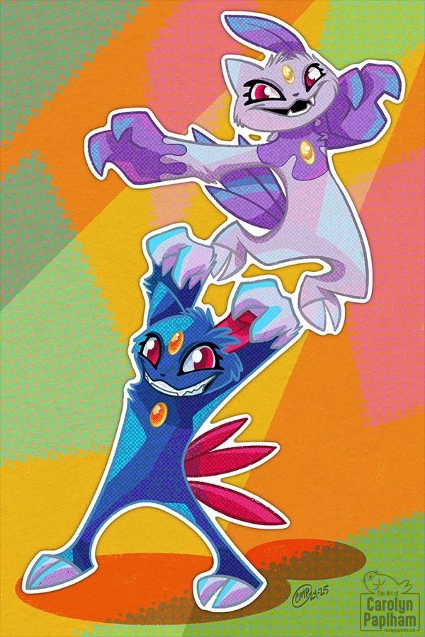 A colorful illustration of two sneasels, pokémon that look like a slightly anthropomorphized cross between a weasel and a cat. The dark blue one is a standard sneasel, while the light-colored one is a Hisuian sneasel.