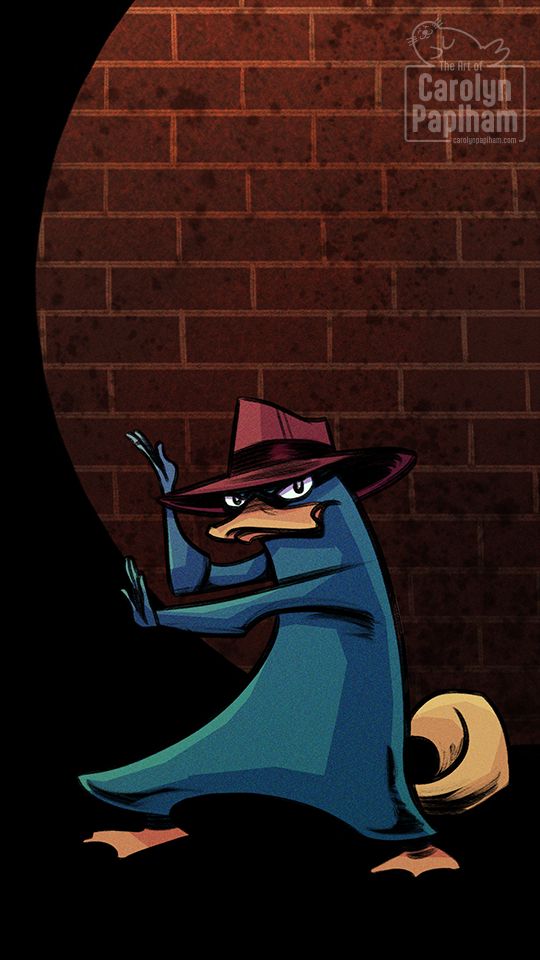 A drawing of Perry the Platypus, or "Agent P," from the show Phineas and Ferb. The teal-colored, fedora-wearing platypus is posed ready for hand-to-hand combat, standing in a spotlight against a brick wall.
