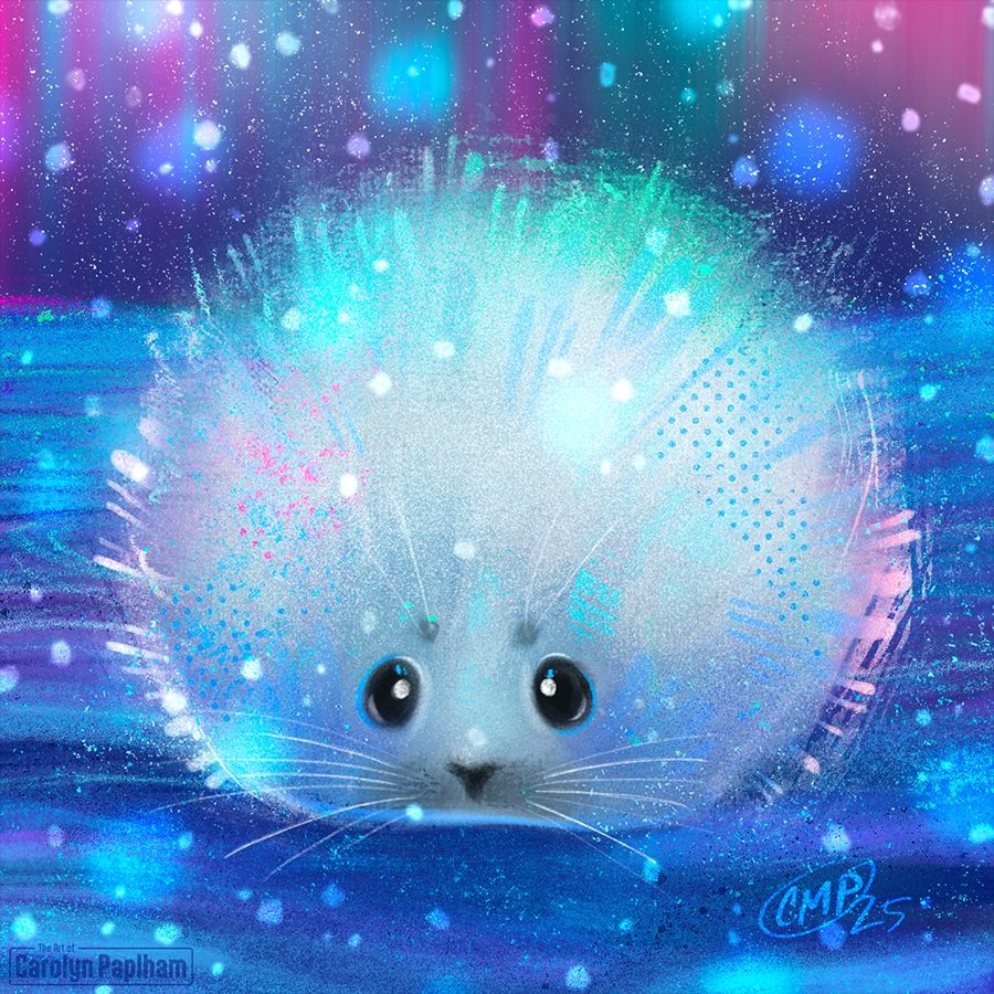 A small digital painting of a fluffy white baby seal, lying on a snowscape with the northern lights in the sky. The brush strokes are very rough and loose, and incorporate various textures and hues into the seal and background.