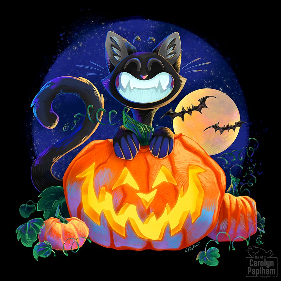A halloween vignette featuring a smiling black cat sitting behind a large grinning jack-o-lantern. The backdrop is of the night sky with a full moon and two bats flying in front of it.