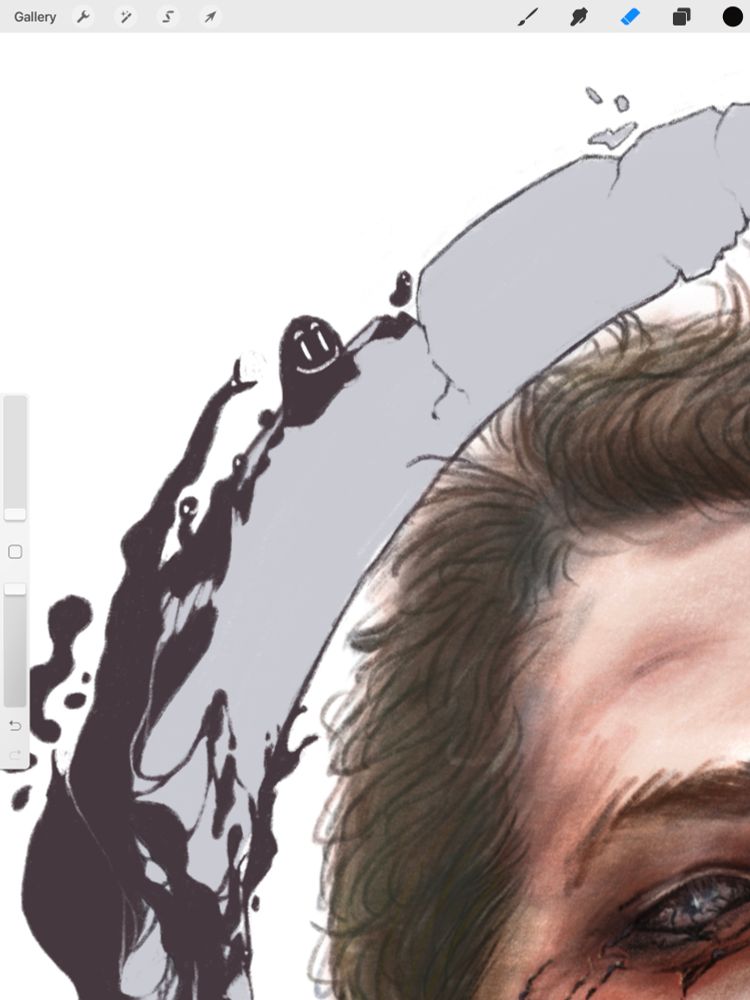 little faces on the slime climbing up this crumbling halo, it's actually still there in the final version. Ive sold dozens of this print and nobody has ever commented on it
