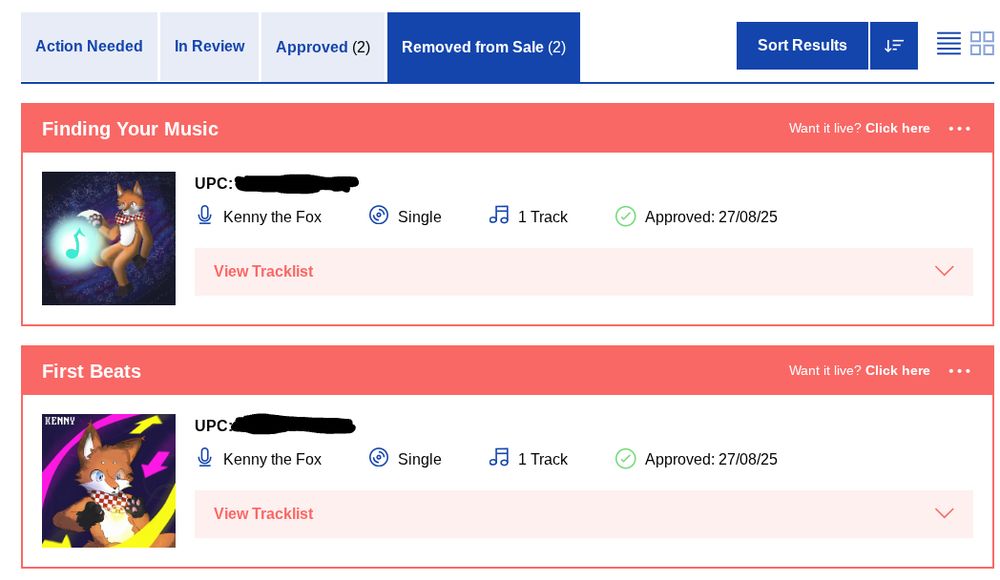 Routenote distribution page, confirming that they have "removed it from sale" on their end
