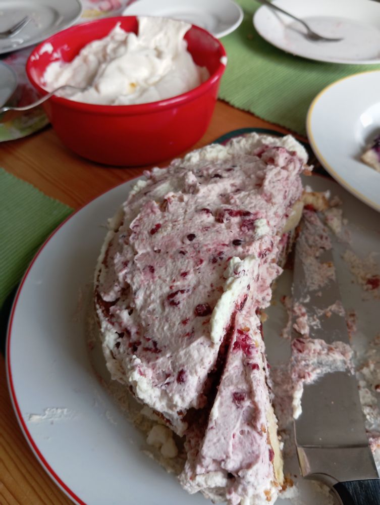 Halbe Sahnetorte mit Heidelbeeren und im Hintergrund eine Schale mit geschlagener Sahne
