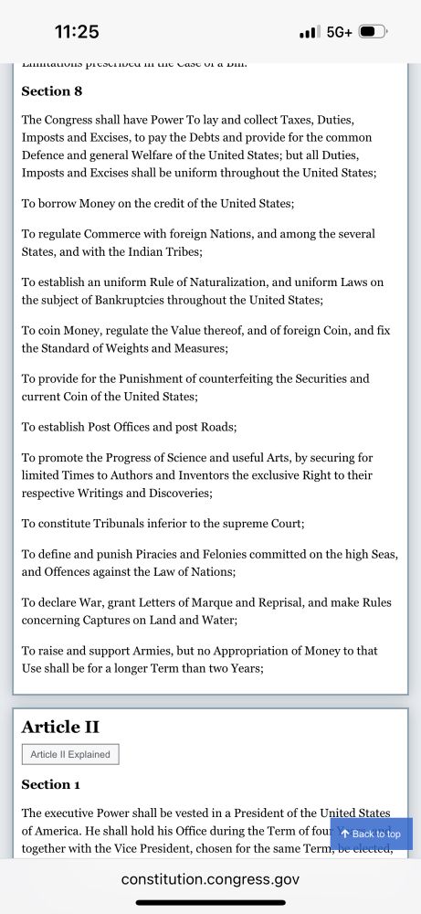A screencap of the US Constitution taken from Congress's website at 11:25, 8/6/2025. Portions of Art. I Sect 8 are missing; sections 9 and 10 are gone.