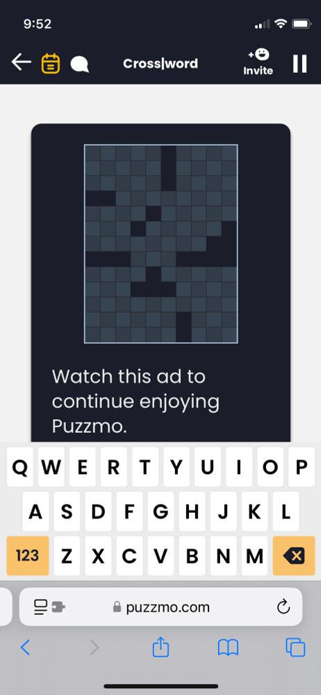 Screenshot of Puzzmo.com: The “Watch this ad to continue enjoying Puzzmo” screen is partially obscured by the keyboard.