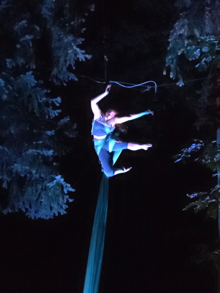 Arial artist dancing among the trees