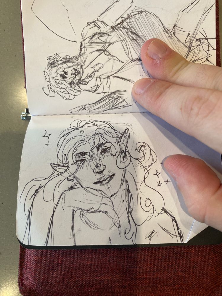 Small sketch of an elven looking man with long hair smiling confidently