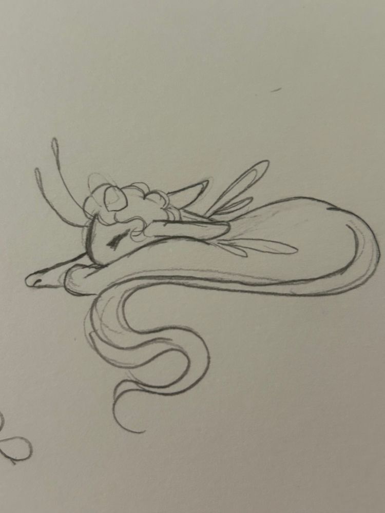 A pencil sketch of the troll oc Kiiowa, now in a feral form. They are laying down on their tummy with their arm folded in front of them, supporting their face. Their tail is wrapped around them as they sleep